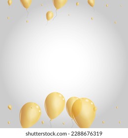 Golden Balloon Background Gray Vector. Air Ribbon Banner. Yellow Party Surprise. Helium Reflection Design.