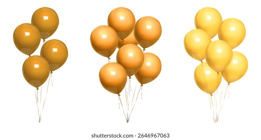 Golden balloon bday bunch, 3d birthday balls float on ribbon. Beige minimal vector balons on thin string, happy anniversary party decor mockup. Air helium inflated bound event congratulation gift