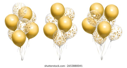 Golden balloon bday bunch, 3d birthday balls float on ribbon. Beige confetti vector balons on gold string, happy anniversary party decor mockup. Air helium inflated bound event congratulation gift