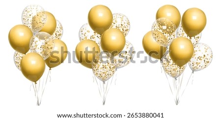 Golden balloon bday bunch, 3d birthday balls float on ribbon. Beige confetti vector balons on gold string, happy anniversary party decor mockup. Air helium inflated bound event congratulation gift