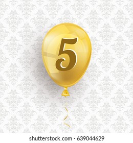 Golden balloon with number 5 on the wallpaper with ornaments background. Eps 10 vector file.