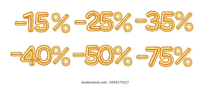 Golden balloon numbers of discount percentage realistic vector illustration set. Large sale announcement 3d models on white background collection