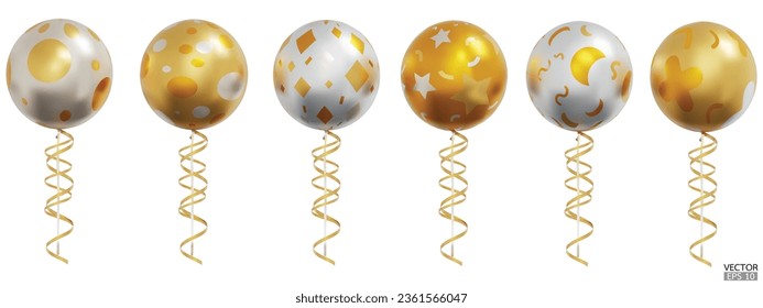 Golden balloon set and gold ribbons, serpentine, confetti isolated on white background. Helium ballon template for anniversary, card, birthday, party, poster, decor, banner. 3d vector illustration.