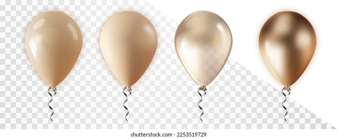 Golden Balloon set isolated on transparent background. Vector 3d realistic gold festive helium balloons template for anniversary, birthday party design.