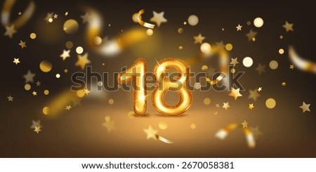 Golden balloon in the shape of the number 18, set against a dark background filled with soft bokeh lights and scattered golden stars and ribbons, creating a festive and celebratory atmosphere.