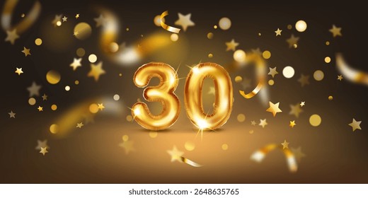 Golden balloon in the shape of the number 30, set against a dark background filled with soft bokeh lights and scattered golden stars and ribbons, creating a festive and celebratory atmosphere.