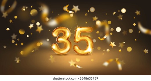 Golden balloon in the shape of the number 35, set against a dark background filled with soft bokeh lights and scattered golden stars and ribbons, creating a festive and celebratory atmosphere.