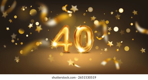 Golden balloon in the shape of the number 40, set against a dark background filled with soft bokeh lights and scattered golden stars and ribbons, creating a festive and celebratory atmosphere.