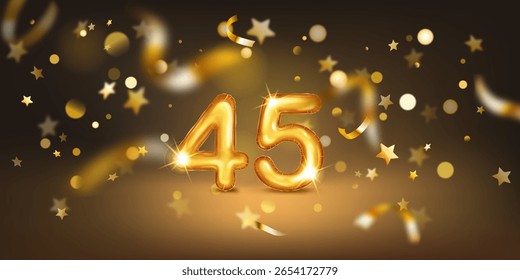 Balão dourado na forma do número 45, colocado sobre um fundo escuro cheio de luzes bokeh suaves e estrelas douradas e fitas dispersas, criando uma atmosfera festiva e comemorativa.