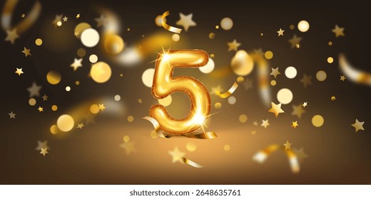 Golden balloon in the shape of the number 5, set against a dark background filled with soft bokeh lights and scattered golden stars and ribbons, creating a festive and celebratory atmosphere.