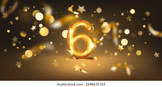 Golden balloon in the shape of the number 6, set against a dark background filled with soft bokeh lights and scattered golden stars and ribbons, creating a festive and celebratory atmosphere.