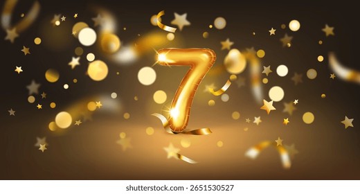 Golden balloon in the shape of the number 7, set against a dark background filled with soft bokeh lights and scattered golden stars and ribbons, creating a festive and celebratory atmosphere.