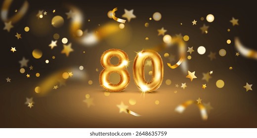 Balão dourado na forma do número 80, colocado sobre um fundo escuro cheio de luzes bokeh suaves e estrelas douradas e fitas dispersas, criando uma atmosfera festiva e comemorativa.