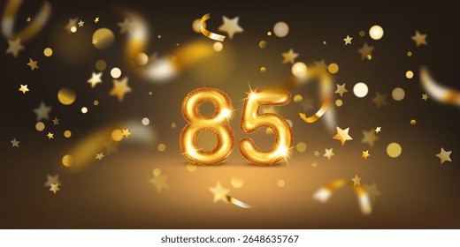 Golden balloon in the shape of the number 85, set against a dark background filled with soft bokeh lights and scattered golden stars and ribbons, creating a festive and celebratory atmosphere.