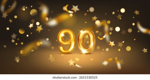 Golden balloon in the shape of the number 90, set against a dark background filled with soft bokeh lights and scattered golden stars and ribbons, creating a festive and celebratory atmosphere.