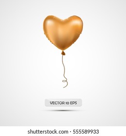 Golden balloon. Vector illustration. For birthday, party, celebration, present, gift, decoration. Realistic yellow metallic helium balloon. Heart shape. Isolated on white background.