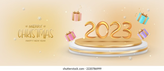 Golden balloons 2023 New Year with 3d gold product podium. Realistic 3d gold foil balloons 2023. Christmas and New Year Eve designs.