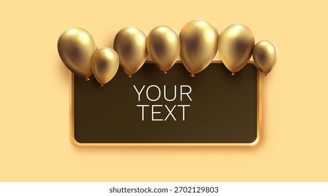 Balões Dourados com Quadro Retangular em Branco. Elegante pano de fundo para texto, celebração ou promoção. Ilustração vetorial