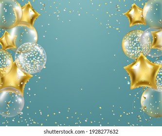 Golden Balloons And Confetti Postcard Mint Background With Gradient Mesh, Vector Illustration