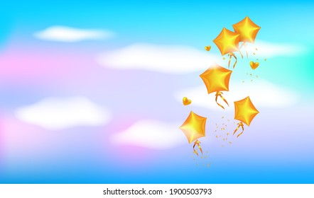 Goldene Ballons fliegen am Himmel. Blauer Himmel, weiße Wolken und goldene Ballons als Sterne. Valentinstag Grußkarte. Vektor EPS10