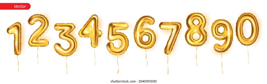 Golden balloons in the form of numbers from 0 to 9. Realistic 3D collection foil latex balloons with shadow and glare effect. Decoration elements for banners, covers, flyers. Vector set for party