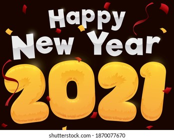 Golden balloons forming number 2021 under a confetti shower and streamers for a happy New Year celebration.