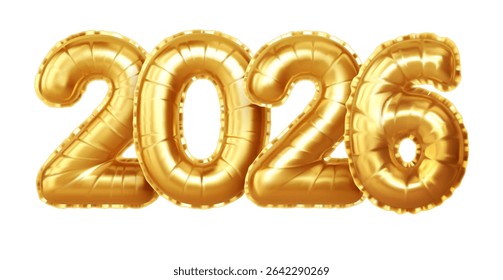 Golden balloons forming the year 2026 set against a white background, capturing a festive and joyful theme, representing celebrations, new beginnings, and optimism.