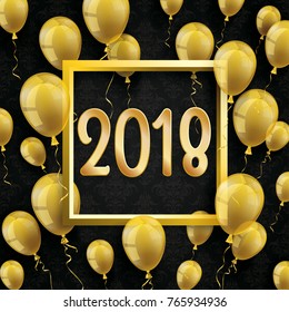 Golden balloons with golden frame and numbers 2018 on the black wallpaper with ornaments. Eps 10 vector file.