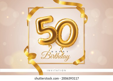 Golden balloons number greeting card. Realistic anniversary date in metal frame, festive decor, confetti and ribbons, party invitation. 50 years birthday poster template vector concept