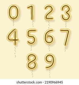 Golden balloons in numbers shape set realistic vector illustration. Air decor for counting years congratulations birthday anniversary party. Fly glossy helium inflatable metallic foil numeral symbols