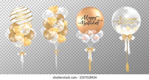Golden balloons on transparent background. Realistic glossy luxury gold balloons vector illustration. Party balloons decorations wedding, birthday, celebration and anniversary card design. 