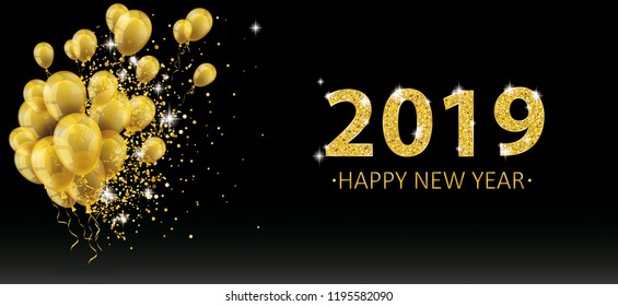 Golden Balloons And Golden Particles On The Black Background For The New Year 2019. Eps 10 Vector File.