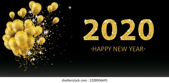 Golden balloons and golden particles on the black background for the New Year 2020. Eps 10 vector file.