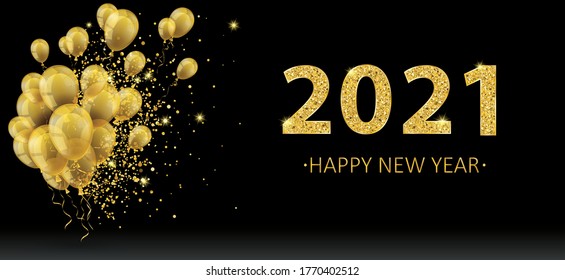 Golden balloons and golden particles on the black background for the New Year 2021. Eps 10 vector file.