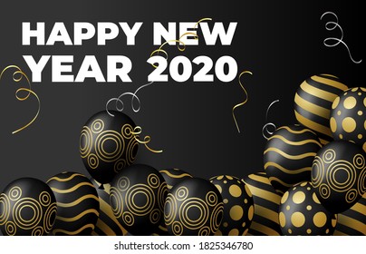 Golden balloons and golden particles on the black gradient background for the New Year 2020. Eps 10 vector file