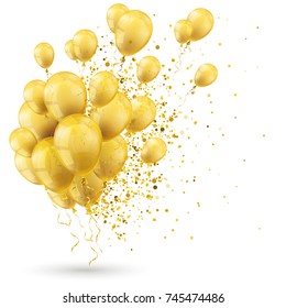 Golden balloons and golden particles on the white. Eps 10 vector file.