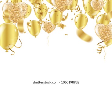 Golden balloons in the shape of a heart on a background