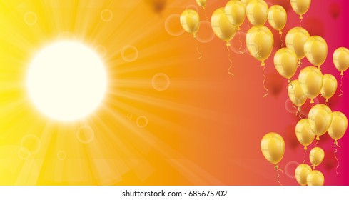 Golden balloons with sunbeam on the summer sky backround. Eps 10 vector file.