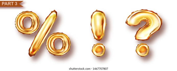 Golden balloons symbols set realistic vector. Inflatable gold characters of metal foil for childrens parties or sales, exclamation point, question mark and percent sign shining font isolated on white