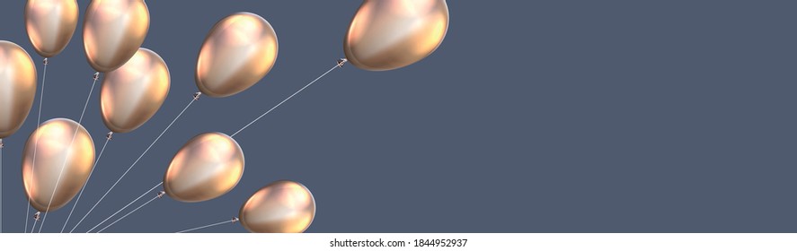 Golden balloons with threads on blue background. Space for text. Vector festive illustration.