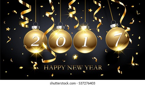 Golden balls 2017 Happy New Year background. Vector illustration