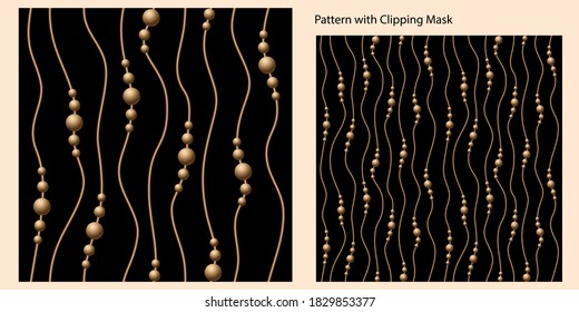 Golden balls or beads on thin golden cord on a black background. Golden balls of various size are grouped by five. Seamless pattern with clipping mask.
