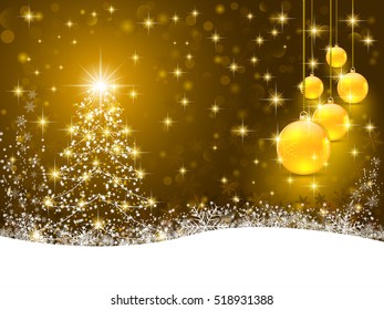  golden balls decoration with christmas tree background vector. snowing snowflakes on golden background.