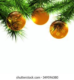 golden  balls and green branch on a white background, vector