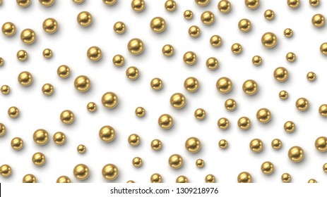 Golden balls scattered on white background