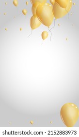 Golden Baloon Background Gray Vector. Ballon Holiday Banner. Yellow Ribbon Balloon. Helium Event Design.