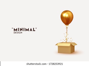 Golden Baloon with box and confetti explosion. Realistic design concept open cardboard box, releasing helium balloon. Celebrate a birthday, Poster, banner happy anniversary. Vector 3d object ballon