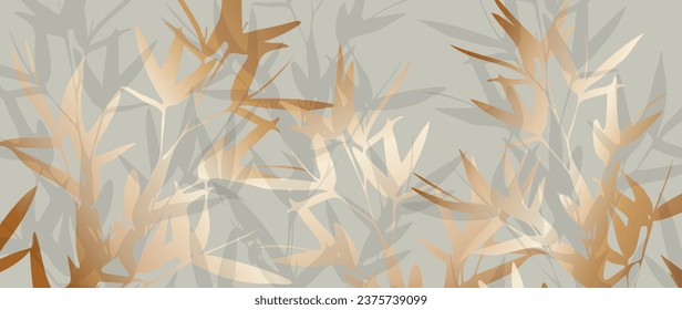 Goldene Bambusverzauberung. Abstrakter Hintergrund mit Ästen und Blättern, ein Haufen Blätter in einem goldenen Rahmen auf grauem Hintergrund im chinesischen Stil. Vektorhintergrund für Banner, Dekoration, Design.	