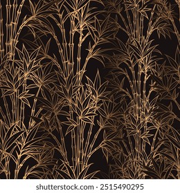 Golden bamboo Seamless pattern, background with tropical south east asian forest. Hand drawn vector illustration for wall arts, fabric, prints. Japanese, Chinese, Korean motives.