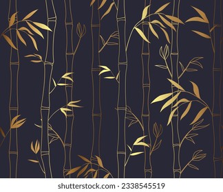 Golden bamboo seamless pattern. Repeating design element for printing on fabric. Aesthetics and elegance, luxury. Tropical and exotic asian plant and forest. Flat vector illustration